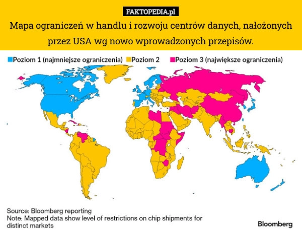 
    Mapa ograniczeń w handlu i rozwoju centrów danych, nałożonych przez USA