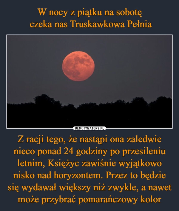 
    W nocy z piątku na sobotę
 czeka nas Truskawkowa Pełnia Z racji tego, że nastąpi ona zaledwie nieco ponad 24 godziny po przesileniu letnim, Księżyc zawiśnie wyjątkowo nisko nad horyzontem. Przez to będzie się wydawał większy niż zwykle, a nawet może przybrać pomarańczowy kolor