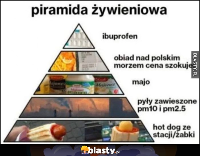 
    Piramida żywieniowa: ibuprofen, obiad nad polskim morzem cena szokuje, majonez, pyły zawieszone pm10 i pm2.5, hot dog ze stacji lub Żabki