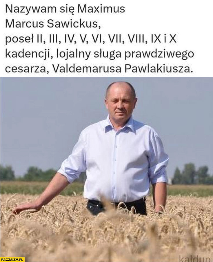 
    Marek Sawicki w zbożu nazywam się Maximus Marcus Sawickus