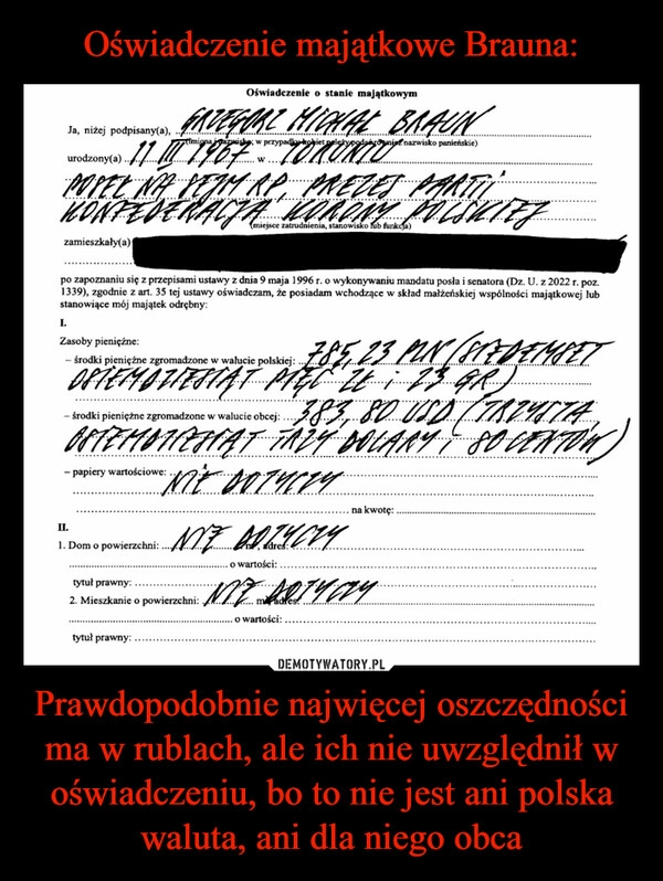 
    Oświadczenie majątkowe Brauna: Prawdopodobnie najwięcej oszczędności ma w rublach, ale ich nie uwzględnił w oświadczeniu, bo to nie jest ani polska waluta, ani dla niego obca