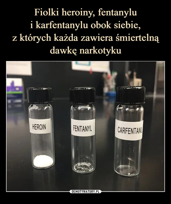 
    Fiolki heroiny, fentanylu
i karfentanylu obok siebie,
z których każda zawiera śmiertelną
dawkę narkotyku