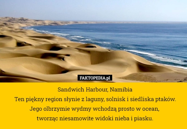 
    Sandwich Harbour, Namibia
Ten piękny region słynie z laguny, solnisk i siedliska