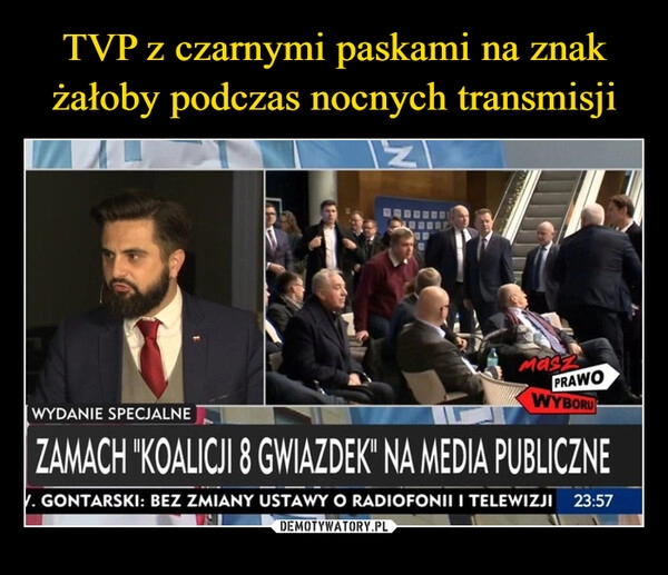 
    TVP z czarnymi paskami na znak żałoby podczas nocnych transmisji