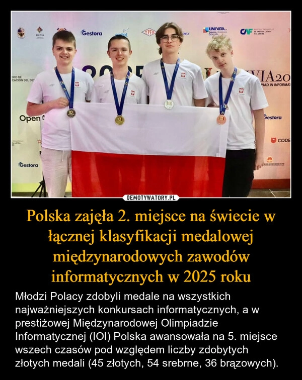 
    Polska zajęła 2. miejsce na świecie w łącznej klasyfikacji medalowej międzynarodowych zawodów informatycznych w 2025 roku