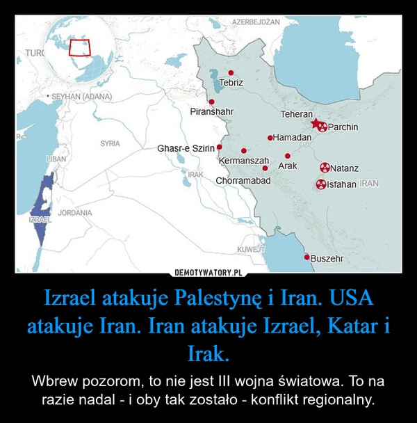 
    Izrael atakuje Palestynę i Iran. USA atakuje Iran. Iran atakuje Izrael, Katar i Irak.