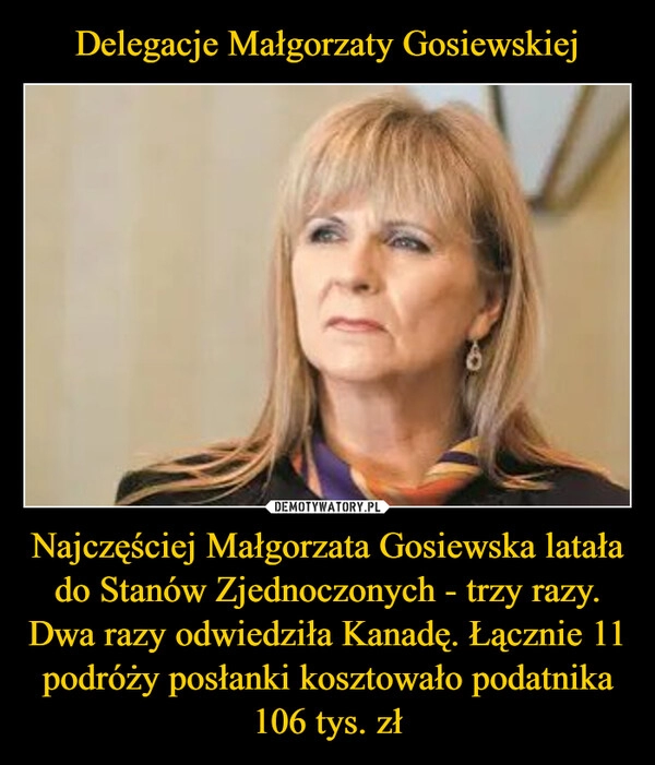 
    Delegacje Małgorzaty Gosiewskiej Najczęściej Małgorzata Gosiewska latała do Stanów Zjednoczonych - trzy razy. Dwa razy odwiedziła Kanadę. Łącznie 11 podróży posłanki kosztowało podatnika 106 tys. zł