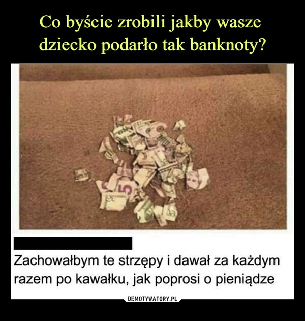 
    Co byście zrobili jakby wasze 
dziecko podarło tak banknoty?