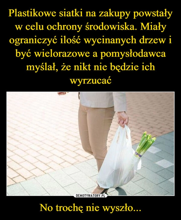 
    Plastikowe siatki na zakupy powstały w celu ochrony środowiska. Miały ograniczyć ilość wycinanych drzew i być wielorazowe a pomysłodawca myślał, że nikt nie będzie ich wyrzucać No trochę nie wyszło...