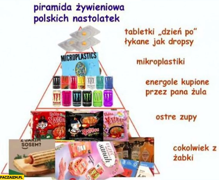 
    Piramida żywieniowa polskich nastolatek: tabletki dzień po, mikroplastiki, energole kupione przez pana żula, ostre zupy, cokolwiek z Żabki