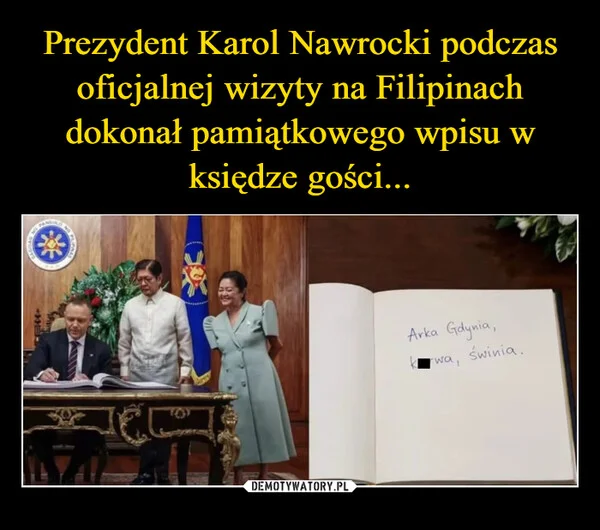 Prezydent Karol Nawrocki podczas oficjalnej wizyty na Filipinach dokonał pamiątkowego wpisu w księdze gości...
