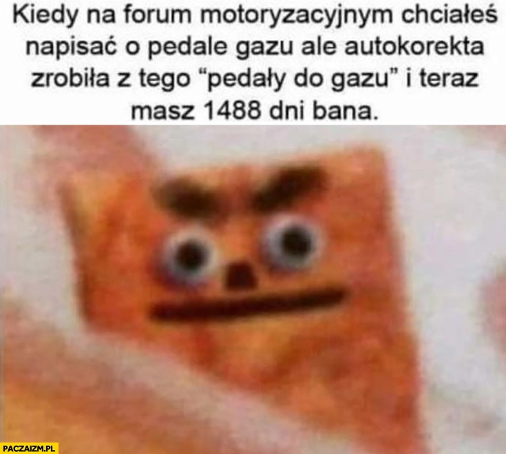 
    Kiedy na forum motoryzacyjnym chciałeś napisać o pedale gazu ale autokorekta zrobiła z tego co innego i teraz masz 1488 dni bana