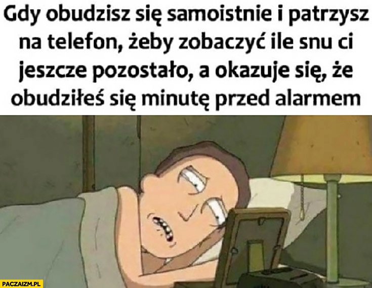 
    Gdy obudzisz się samoistnie i patrzysz na telefon żeby zobaczyć ile snu Ci jeszcze pozostało a okazuje się, że obudziłeś się minutę przed alarmem budzikiem