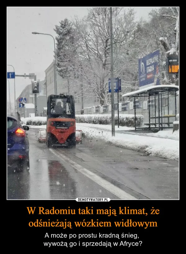 
    W Radomiu taki mają klimat, że odśnieżają wózkiem widłowym