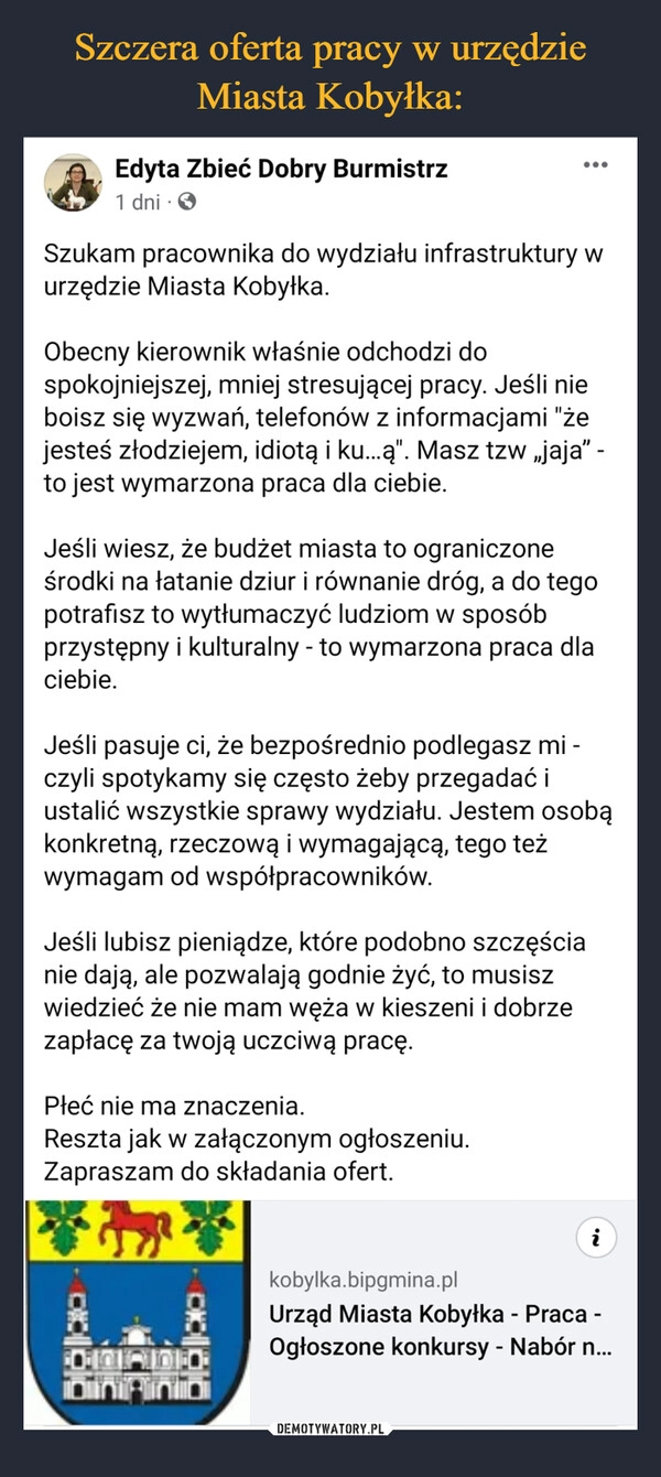 
    Szczera oferta pracy w urzędzie
Miasta Kobyłka: