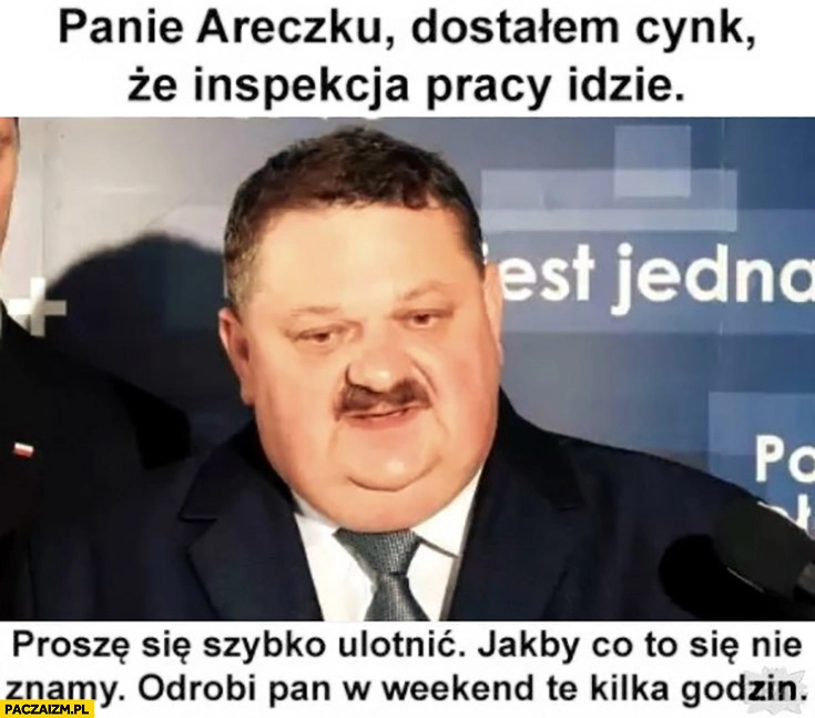 
    Janusz Alfa panie Areczku dostałem cynk, że inspekcja pracy idzie proszę się ulotnić odrobi pan w weekend