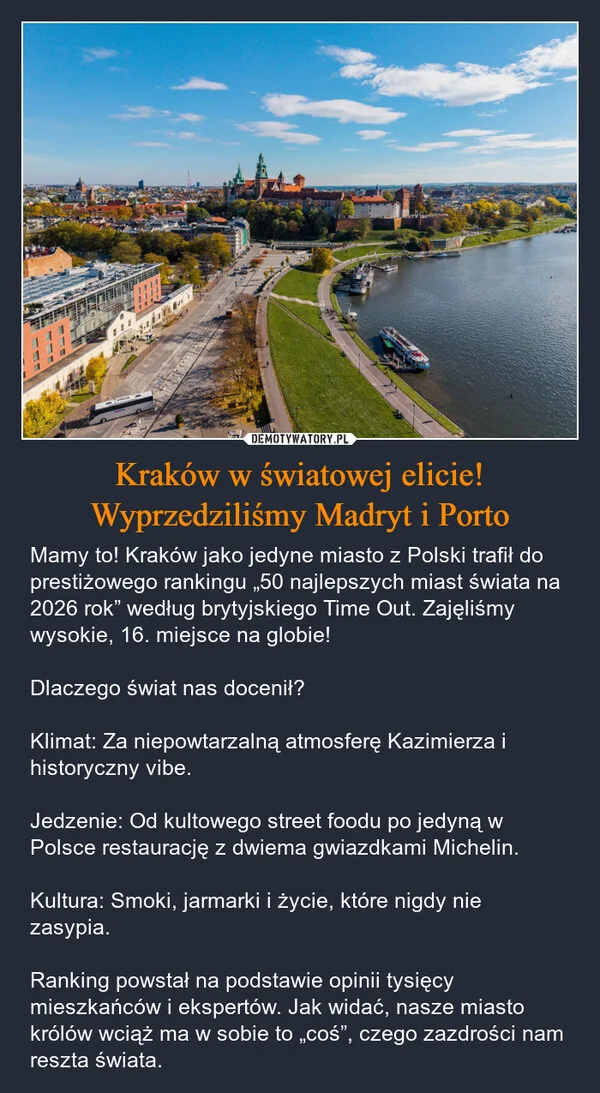 
    Kraków w światowej elicie! Wyprzedziliśmy Madryt i Porto