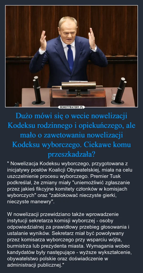 
    Dużo mówi się o wecie nowelizacji Kodeksu rodzinnego i opiekuńczego, ale mało o zawetowaniu nowelizacji Kodeksu wyborczego. Ciekawe komu przeszkadzała?