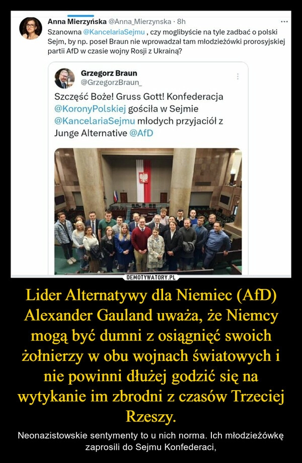 
    Lider Alternatywy dla Niemiec (AfD) Alexander Gauland uważa, że Niemcy mogą być dumni z osiągnięć swoich żołnierzy w obu wojnach światowych i nie powinni dłużej godzić się na wytykanie im zbrodni z czasów Trzeciej Rzeszy.