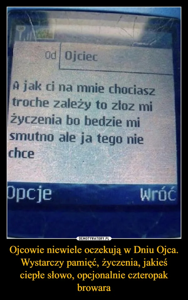 
    Ojcowie niewiele oczekują w Dniu Ojca. Wystarczy pamięć, życzenia, jakieś ciepłe słowo, opcjonalnie czteropak browara