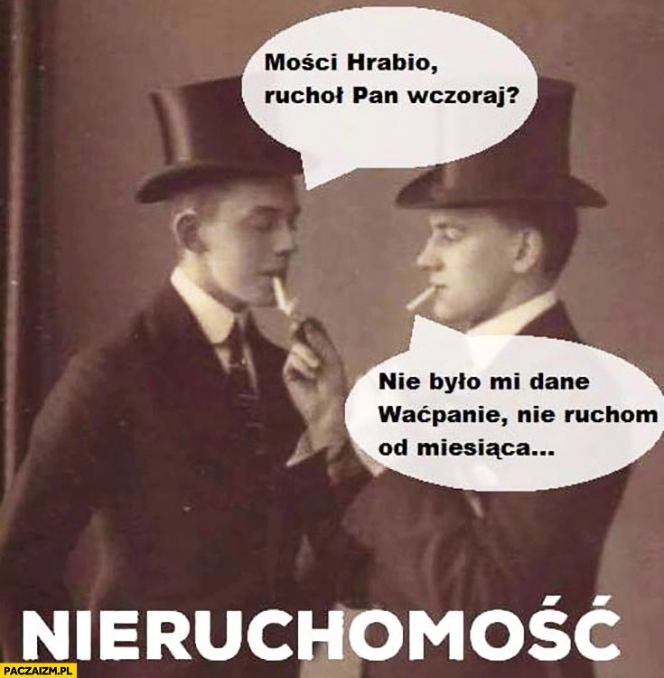 
    Mości hrabio ruchoł Pan wczoraj? Nie było mi dane waćpanie, nie ruchom od miesiąca. Nieruchomość