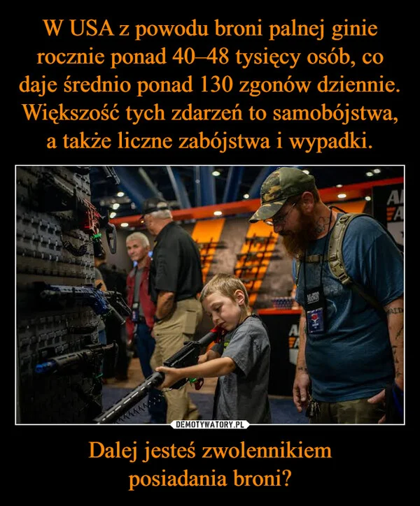 
    W USA z powodu broni palnej ginie rocznie ponad 40–48 tysięcy osób, co daje średnio ponad 130 zgonów dziennie. Większość tych zdarzeń to samobójstwa, a także liczne zabójstwa i wypadki. Dalej jesteś zwolennikiem posiadania broni?