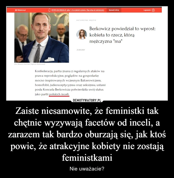 
    Zaiste niesamowite, że feministki tak chętnie wyzywają facetów od inceli, a zarazem tak bardzo oburzają się, jak ktoś powie, że atrakcyjne kobiety nie zostają feministkami