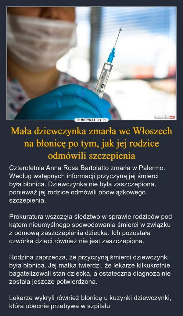 
    Mała dziewczynka zmarła we Włoszech na błonicę po tym, jak jej rodzice odmówili szczepienia