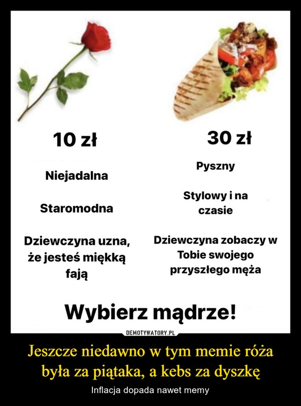 
    Jeszcze niedawno w tym memie róża była za piątaka, a kebs za dyszkę