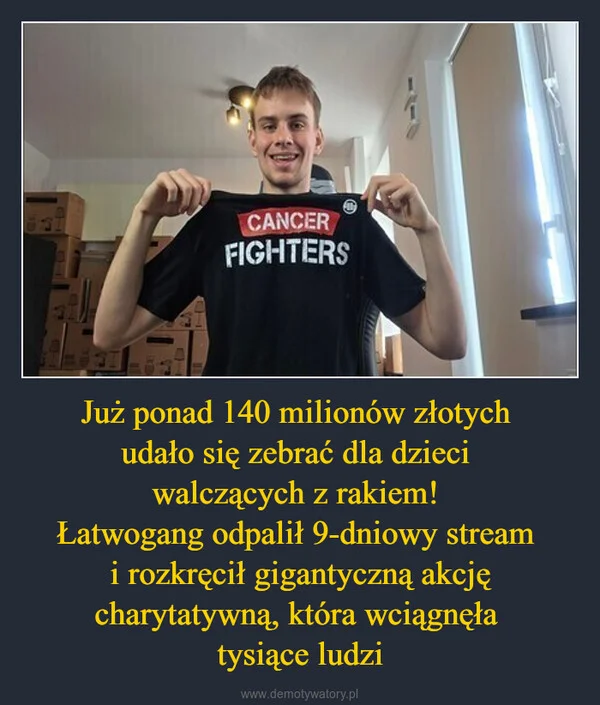 
    Już ponad 140 milionów złotych udało się zebrać dla dzieci walczących z rakiem! Łatwogang odpalił 9-dniowy stream i rozkręcił gigantyczną akcję charytatywną, która wciągnęła tysiące ludzi