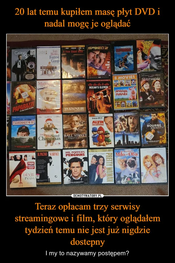 
    20 lat temu kupiłem masę płyt DVD i nadal mogę je oglądać Teraz opłacam trzy serwisy streamingowe i film, który oglądałem tydzień temu nie jest już nigdzie dostepny