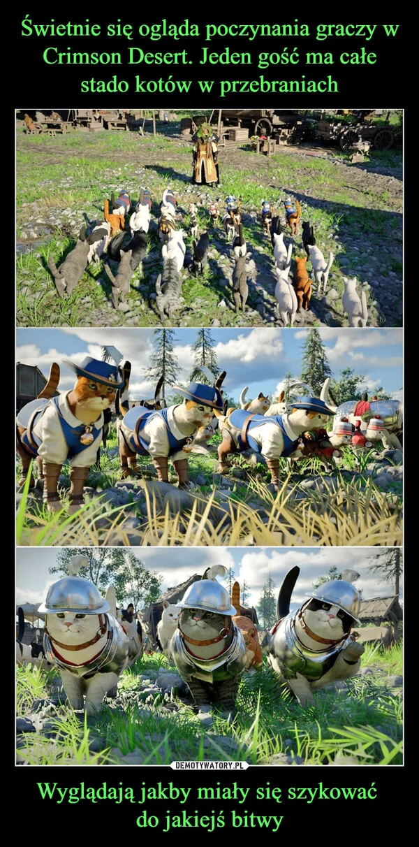 
    Świetnie się ogląda poczynania graczy w Crimson Desert. Jeden gość ma całe stado kotów w przebraniach Wyglądają jakby miały się szykować do jakiejś bitwy
