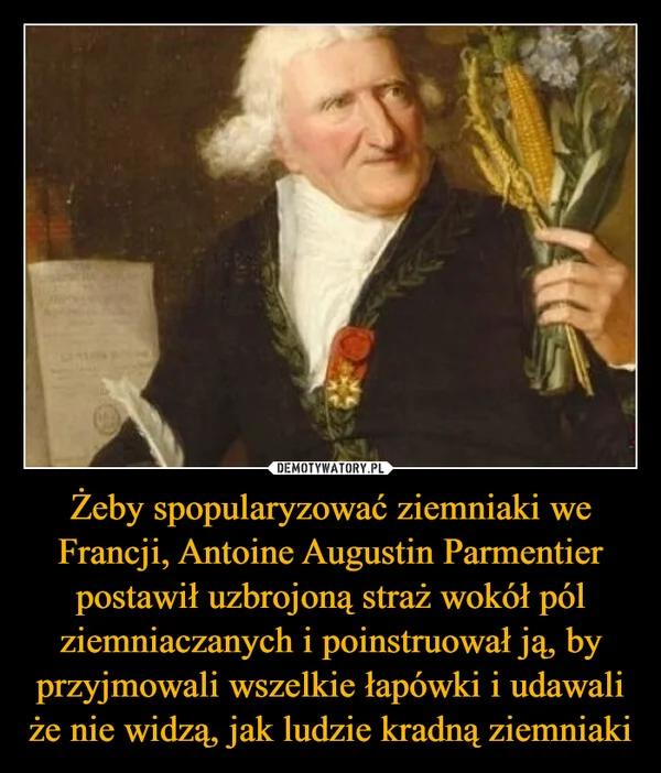 
    Żeby spopularyzować ziemniaki we Francji, Antoine Augustin Parmentier postawił uzbrojoną straż wokół pól ziemniaczanych i poinstruował ją, by przyjmowali wszelkie łapówki i udawali że nie widzą, jak ludzie kradną ziemniaki