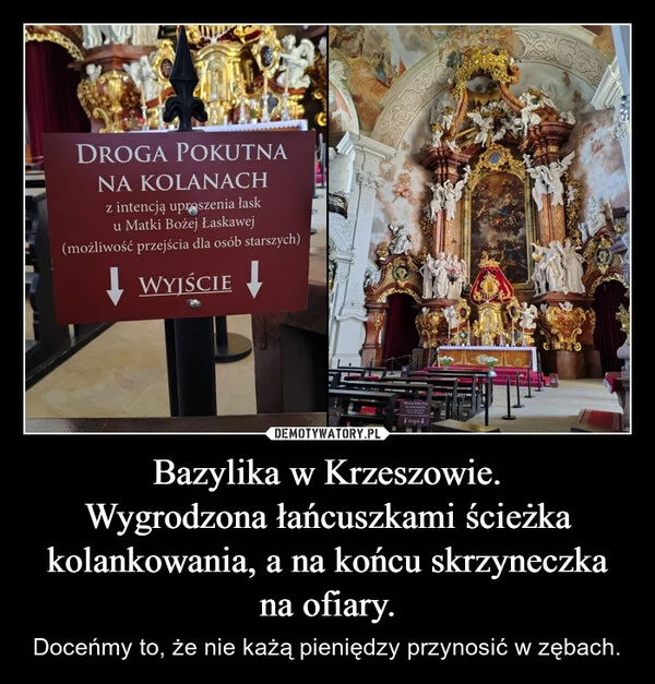 Bazylika w Krzeszowie. Wygrodzona łańcuszkami ścieżka kolankowania, a na końcu skrzyneczka na ofiary.