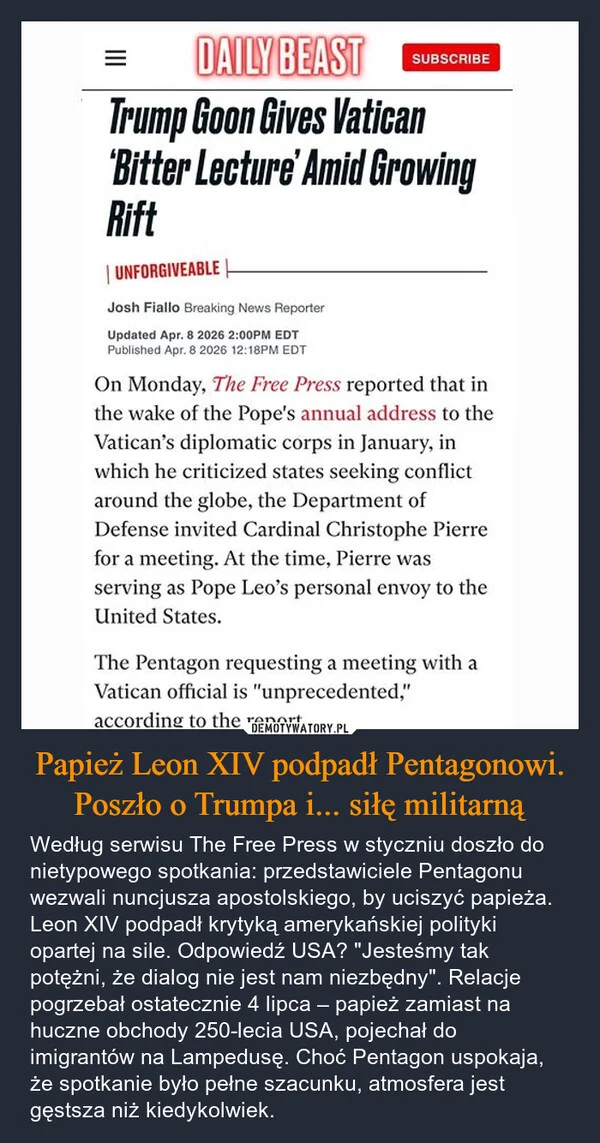 
    Papież Leon XIV podpadł Pentagonowi. Poszło o Trumpa i... siłę militarną