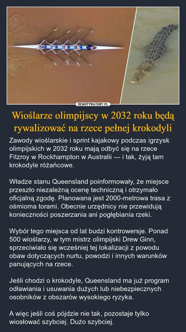 Wioślarze olimpijscy w 2032 roku będą rywalizować na rzece pełnej krokodyli