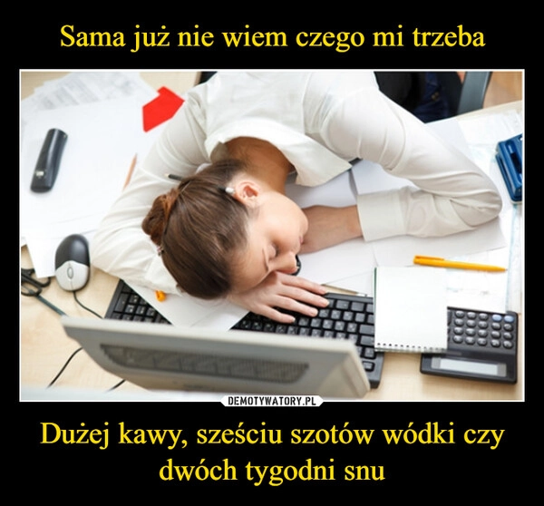 
    Sama już nie wiem czego mi trzeba Dużej kawy, sześciu szotów wódki czy dwóch tygodni snu