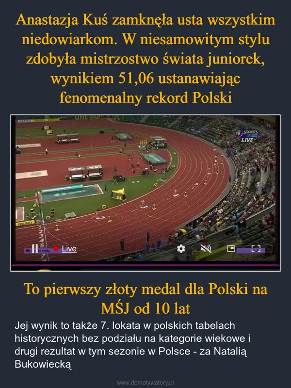 
    Anastazja Kuś zamknęła usta wszystkim niedowiarkom. W niesamowitym stylu zdobyła mistrzostwo świata juniorek, wynikiem 51,06 ustanawiając fenomenalny rekord Polski To pierwszy złoty medal dla Polski na MŚJ od 10 lat