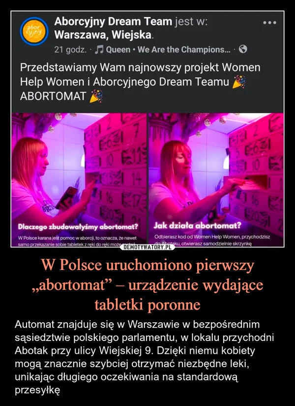 W Polsce uruchomiono pierwszy „abortomat” – urządzenie wydające tabletki poronne