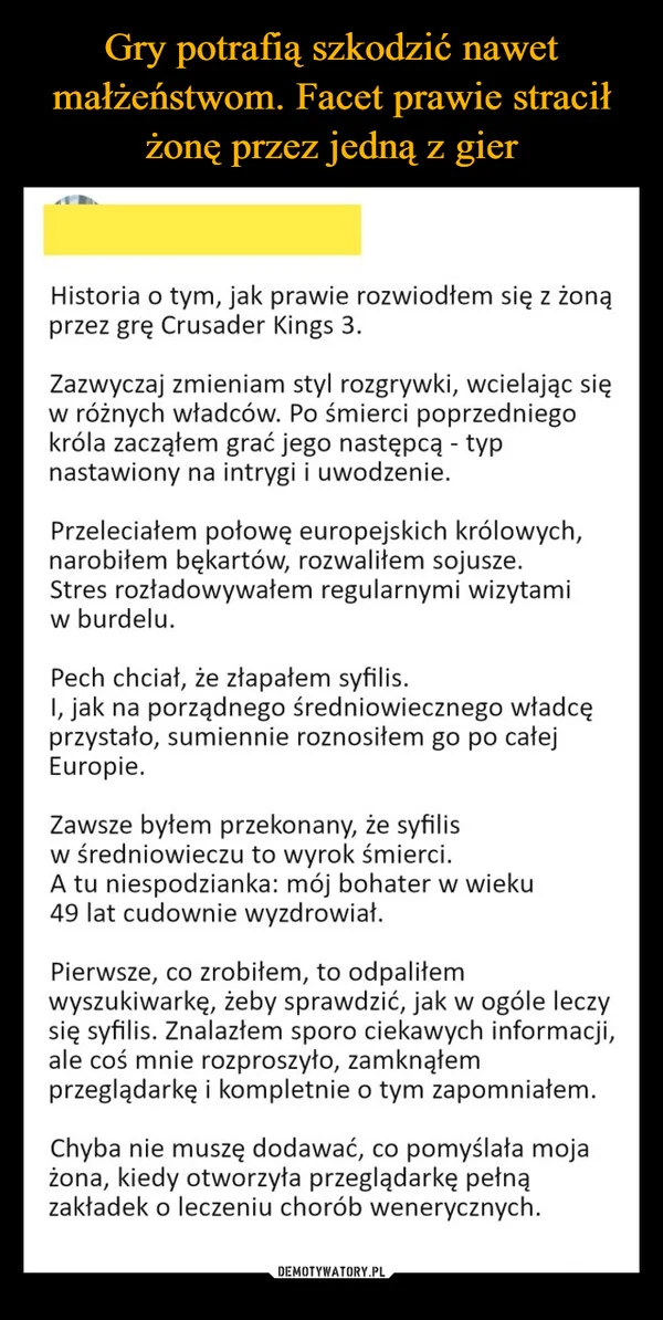 
    Gry potrafią szkodzić nawet małżeństwom. Facet prawie stracił żonę przez jedną z gier