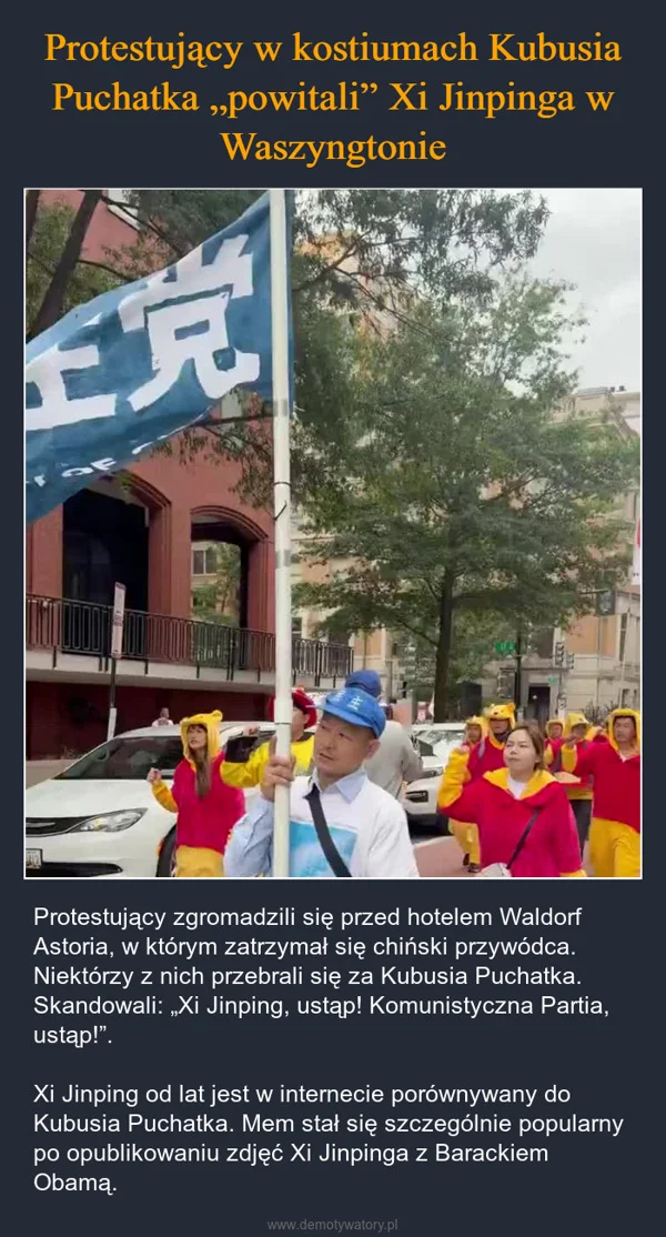 Protestujący w kostiumach Kubusia Puchatka „powitali” Xi Jinpinga w Waszyngtonie