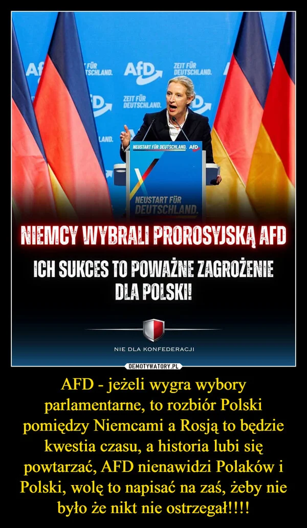 AFD - jeżeli wygra wybory parlamentarne, to rozbiór Polski pomiędzy Niemcami a Rosją to będzie kwestia czasu, a historia lubi się powtarzać, AFD nienawidzi Polaków i Polski, wolę to napisać na zaś, żeby nie było że nikt nie ostrzegał!!!!