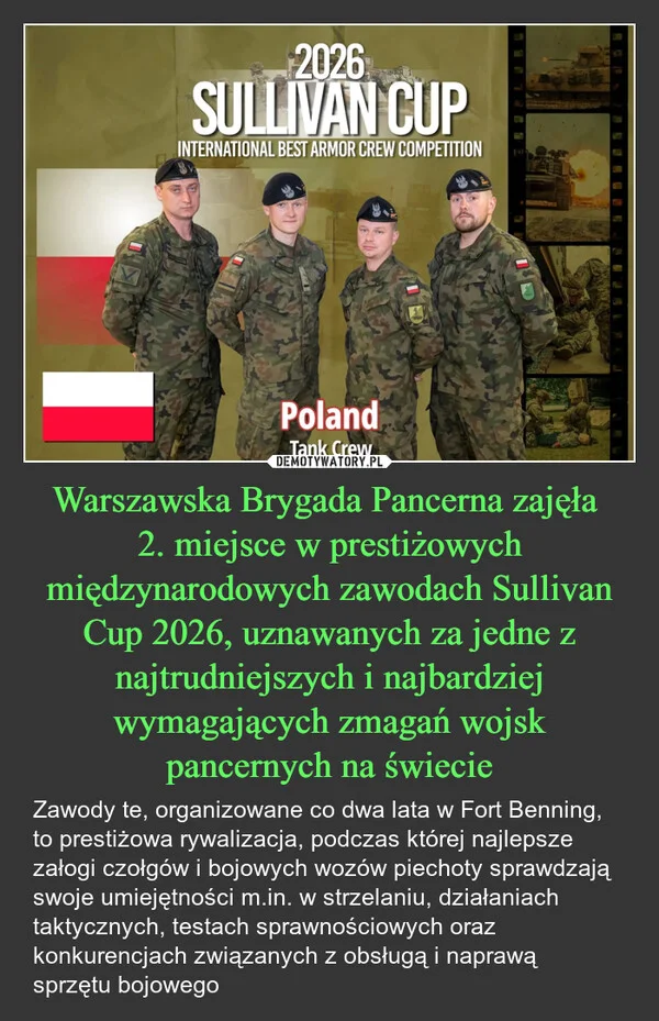 
    Warszawska Brygada Pancerna zajęła 2. miejsce w prestiżowych międzynarodowych zawodach Sullivan Cup 2026, uznawanych za jedne z najtrudniejszych i najbardziej wymagających zmagań wojsk pancernych na świecie