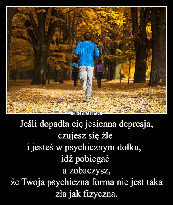 
    Jeśli dopadła cię jesienna depresja,
czujesz się źle 
i jesteś w psychicznym dołku,  
idź pobiegać 
a zobaczysz,
że Twoja psychiczna forma nie jest taka zła jak fizyczna.