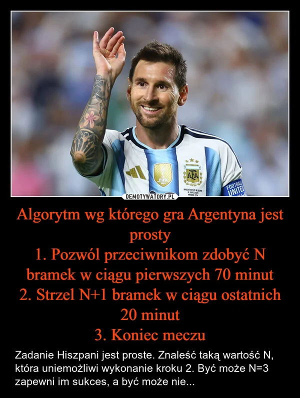 
    Algorytm wg którego gra Argentyna jest prosty 1. Pozwól przeciwnikom zdobyć N bramek w ciągu pierwszych 70 minut 2. Strzel N+1 bramek w ciągu ostatnich 20 minut 3. Koniec meczu