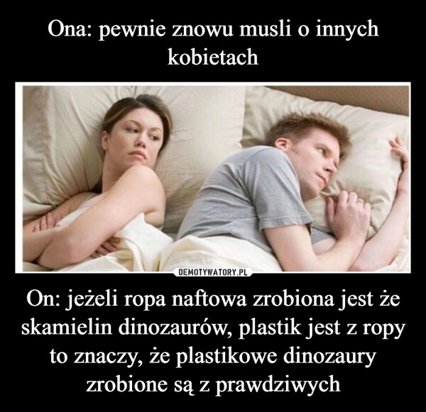 
    Ona: pewnie znowu musli o innych kobietach On: jeżeli ropa naftowa zrobiona jest że skamielin dinozaurów, plastik jest z ropy to znaczy, że plastikowe dinozaury zrobione są z prawdziwych