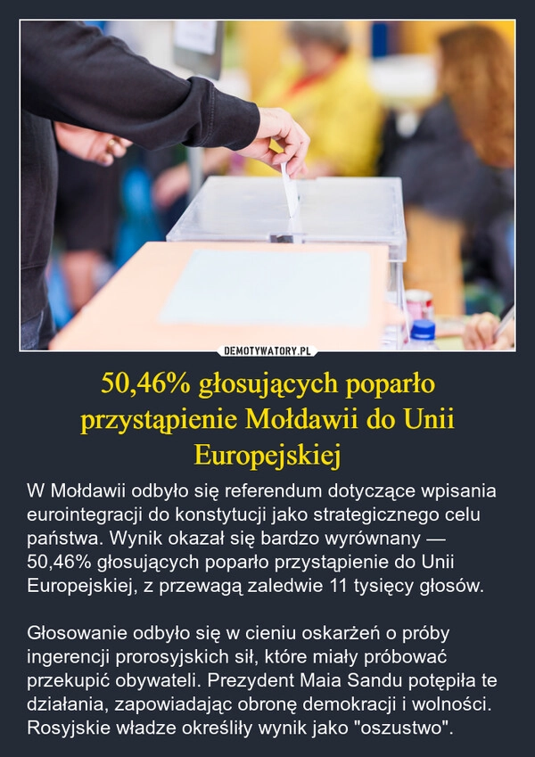 
    50,46% głosujących poparło przystąpienie Mołdawii do Unii Europejskiej