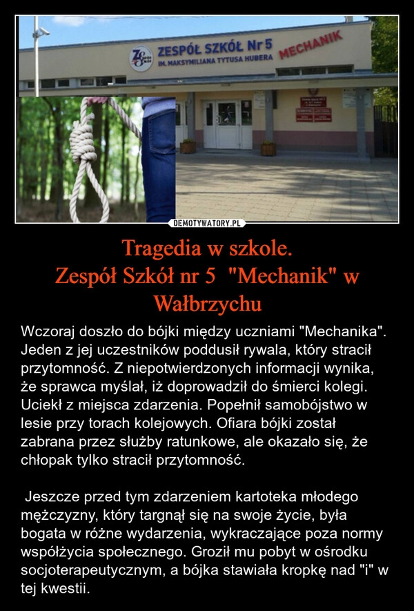 
    Tragedia w szkole.
Zespół Szkół nr 5  "Mechanik" w Wałbrzychu