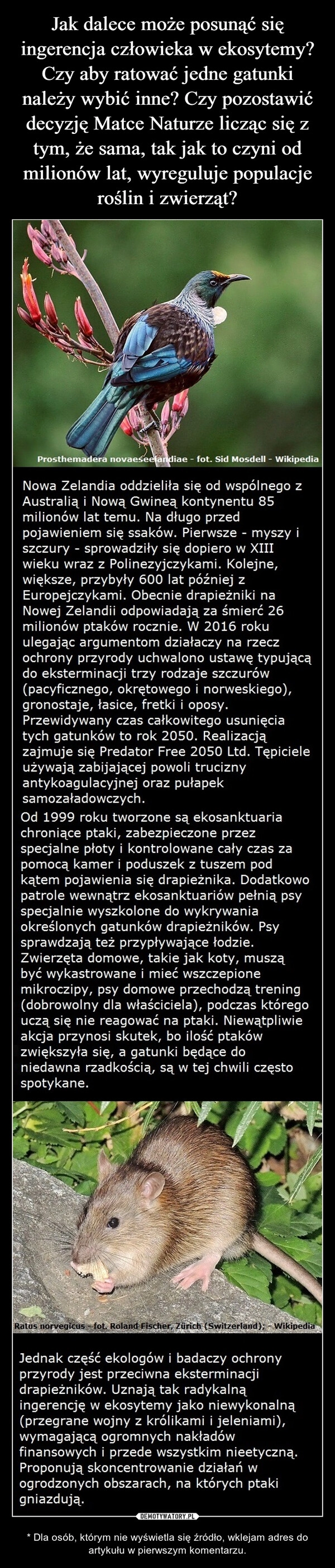 
    Jak dalece może posunąć się ingerencja człowieka w ekosytemy? Czy aby ratować jedne gatunki należy wybić inne? Czy pozostawić decyzję Matce Naturze licząc się z tym, że sama, tak jak to czyni od milionów lat, wyreguluje populacje roślin i zwierząt?