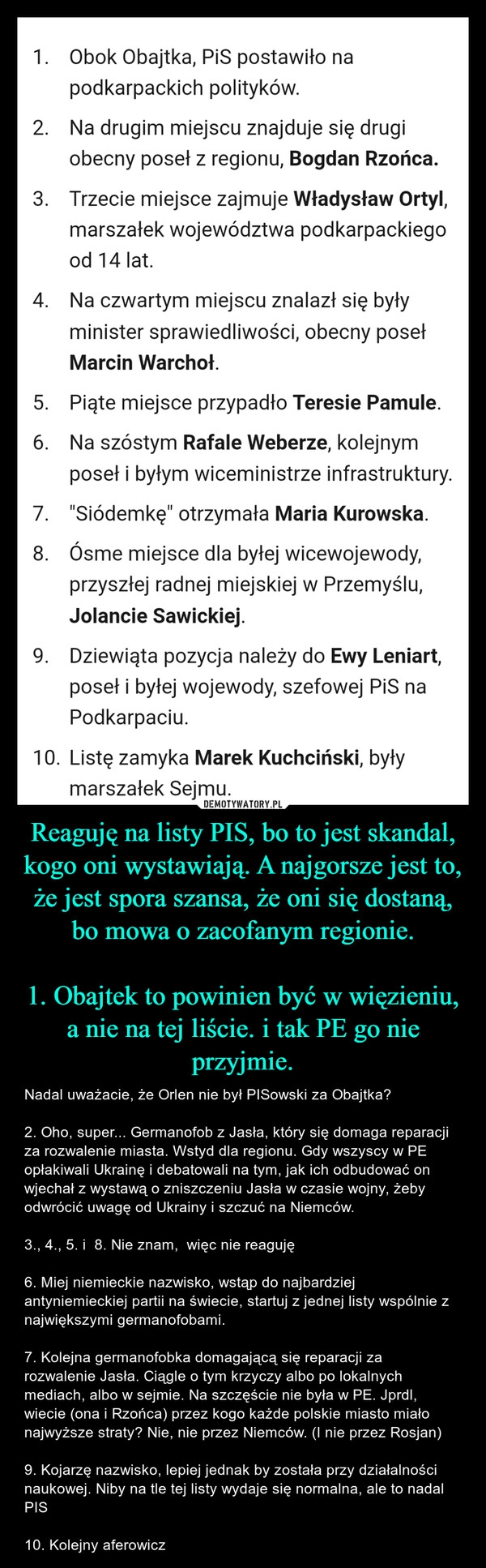 
    Reaguję na listy PIS, bo to jest skandal, kogo oni wystawiają. A najgorsze jest to, że jest spora szansa, że oni się dostaną, bo mowa o zacofanym regionie.

1. Obajtek to powinien być w więzieniu, a nie na tej liście. i tak PE go nie przyjmie.